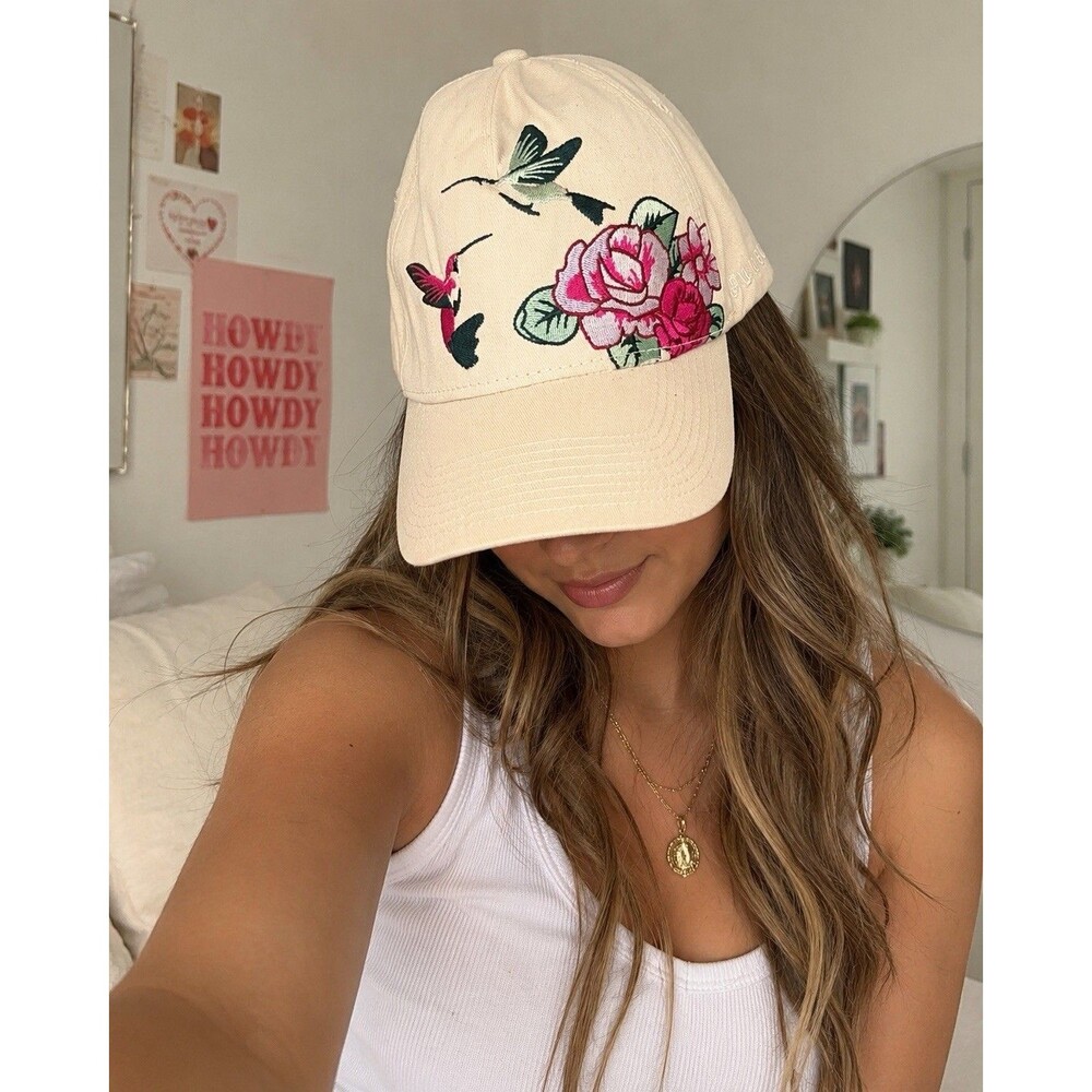 YoungLA Floral Hummingbird Embroidered Baseball Cap Beige Adjustable Cotton Hat